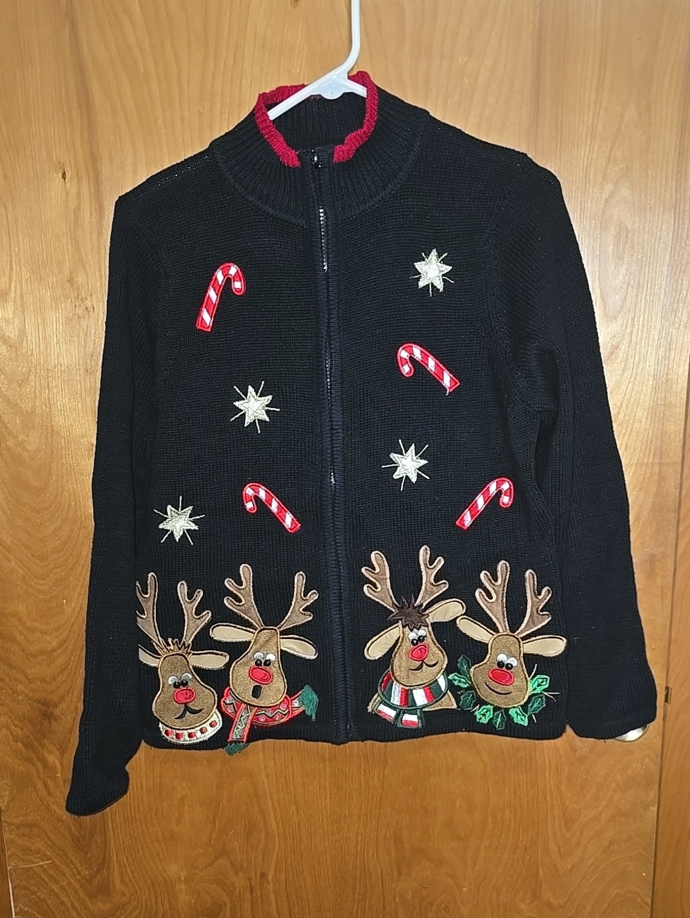 Festive Reindeer Zip-Up Cardigan Sweater - Black